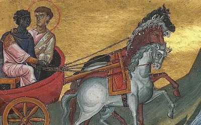 Etiopski dvoranin i sv. Filip, đakon, u kolima. Minijatura iz Menologija Bazilija II. iz oko godine 1000. Etiopski dvoranin i sv. Filip, đakon, u kolima. Minijatura iz Menologija Bazilija II. iz oko godine 1000.