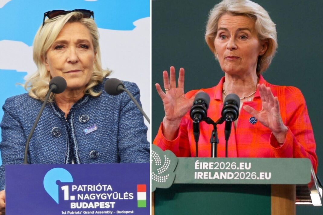 Kolaž: Marine Le Pen za govornicom na skupu Patriota u Budimpešti i Ursula von der Leyen na konferenciji za medije u Corku 2026.